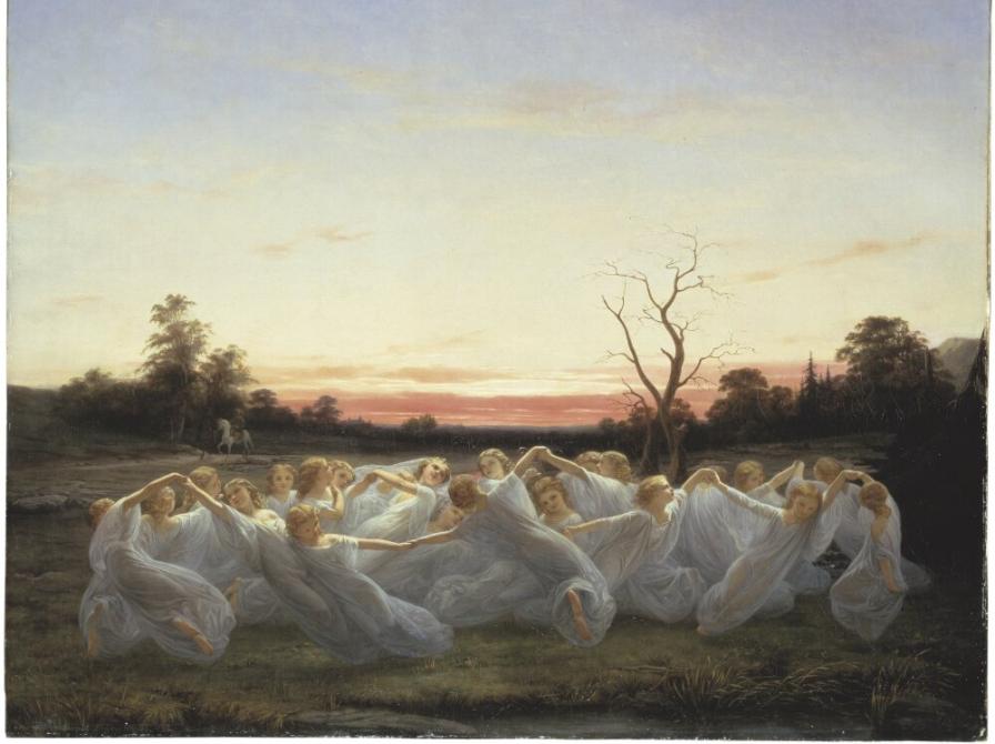 Dansende ellepiger på en eng. Maleri af Nils Blommér, 1850. Fotokreditering: Sveriges Nationalmuseum.